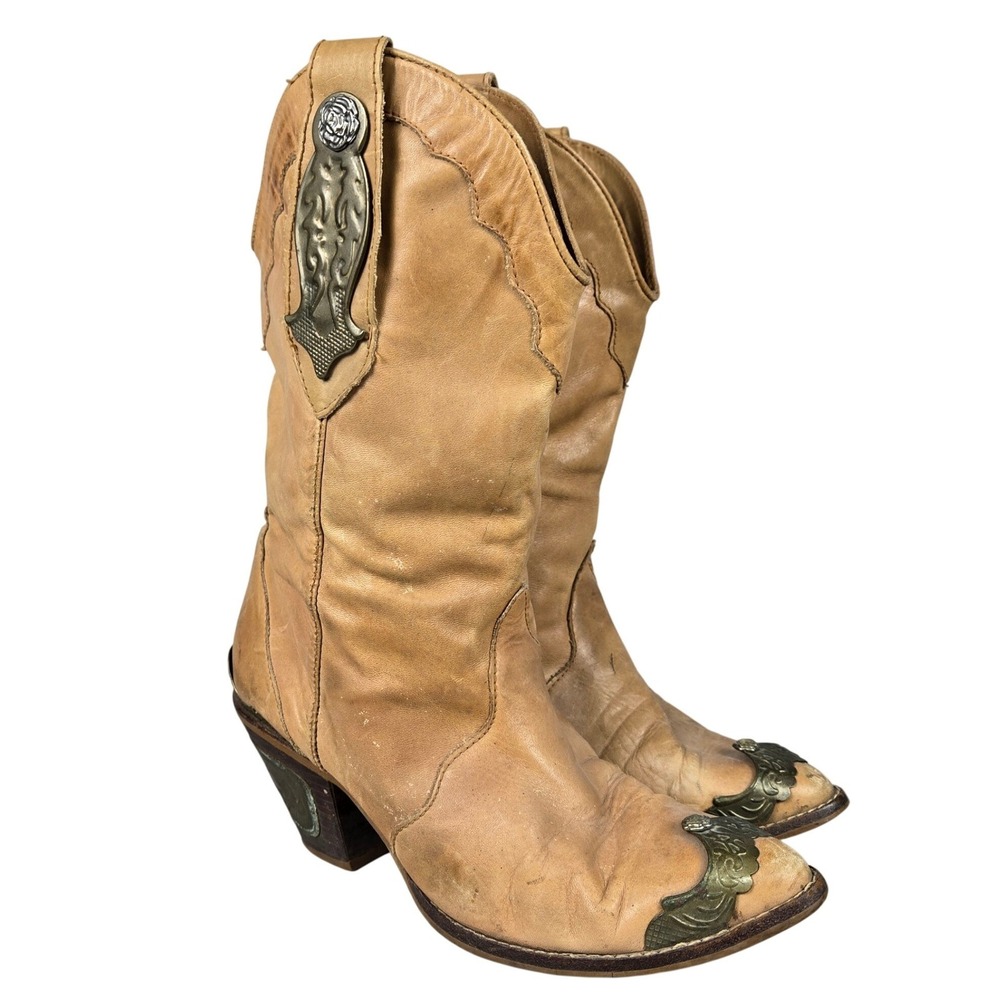 Endicott Johnson Vintage Tan Leather Western Cowgirl Boots Metal Accents 8.5B